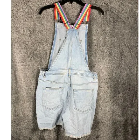 Overall Shorts Womens Medium Blue Denim Jeans Rainbow Details Festival Casual - Picture 2 of 15